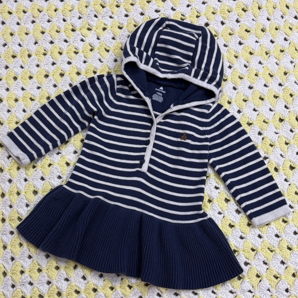 GAP Baby Navy White 100% Cotton Newborn Hooded Knit Striped Dress Size 6-12M !